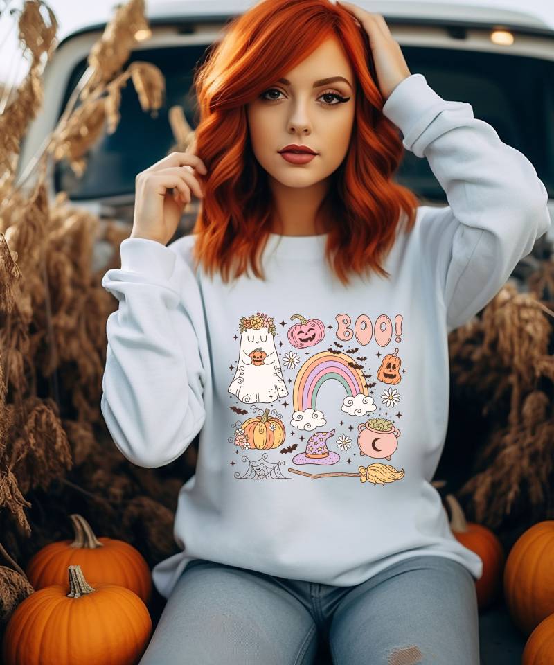 Halloween Sweatshirt Pulli Funny Sweater Season Hippie Boo Pumpkin Ghost Flower Retro Groovy Skull Witch Funky Spider Bat Rainbow von PrettyPrintyLilli