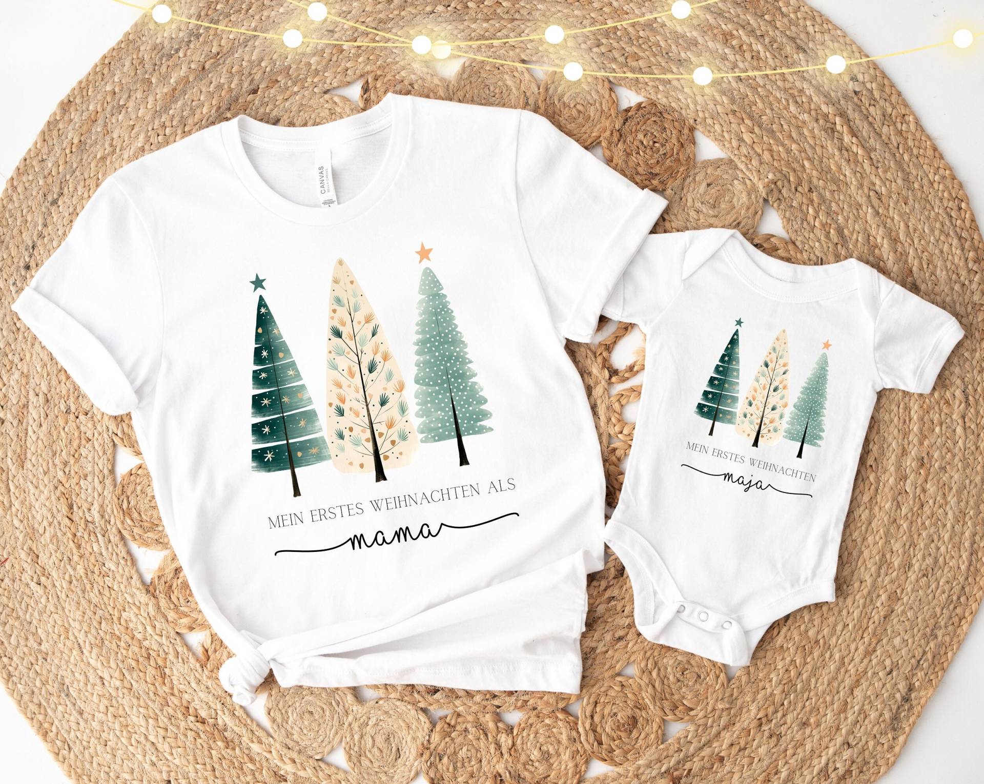 Mama Mini Baby Body Shirt Matching Outfits Mein Erstes Weihnachten 2023 Partnerlook Boho Chic Personalisiertes Geschenk Aquarell von PrettyPrintyLilli
