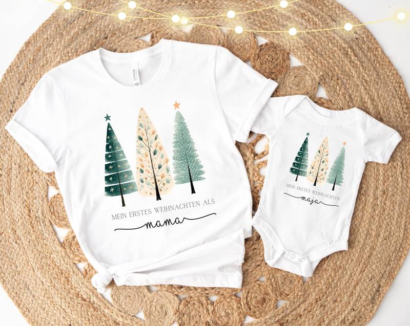 Mama Mini Baby Body Shirt Matching Outfits Mein Erstes Weihnachten 2023 Partnerlook Boho Chic Personalisiertes Geschenk Aquarell von PrettyPrintyLilli