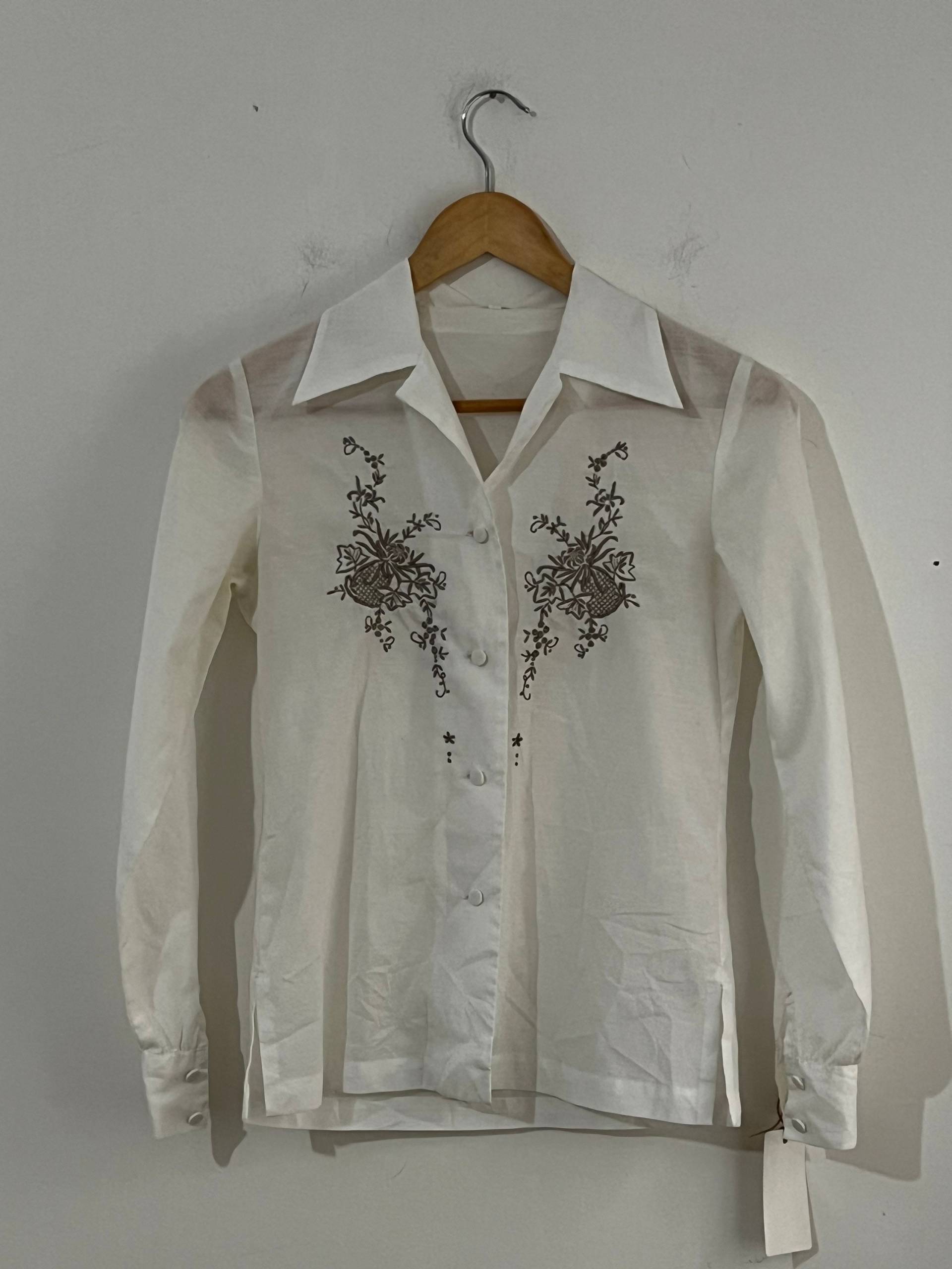 Vintage Weiße Hand Damen Bestickte Bluse Länge Off White Mit Pilz Braun Blumenstickerei Uk Größe 20 von PrettyVintageUKStore