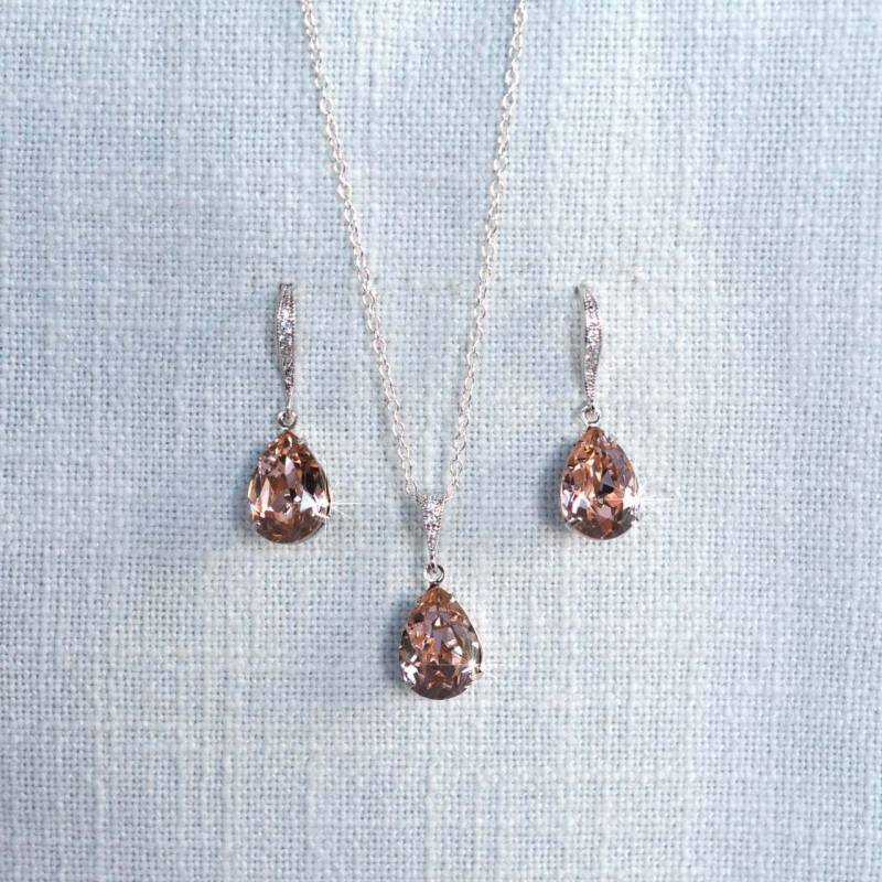 Kleine Swarovski Blush Vintage Rose Teardrop Ohrringe, Halskette Und Armband, Set, Brautschmuck | Sparkle-2364 von PrettybySusanJewelry