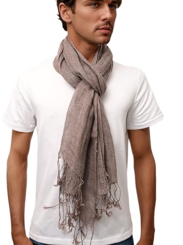 Prettystern Herren Leinen-Schal mit Fransen unisex leichter Sommer-Schal aus 100% Leinen in melierter Uni-Farben, lässiger Look - Braun T23 von Prettystern