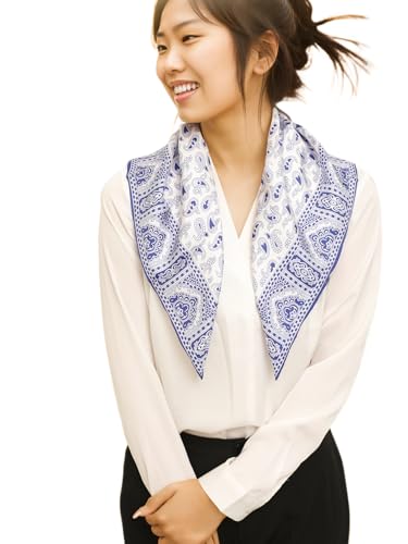 Prettystern Seidenhalstuch 65/65 cm Unisex Seidentuch, handrollierte 100% Seide Halstuch Kopftuch für Damen & Herren 17 Blau Weiß Paisley von Prettystern