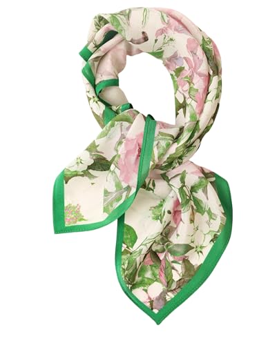 Prettystern 65cm quadratisches 100% Seide Damen Halstuch leicht Sommer Frühling Seidentuch Seidenschal Grün Rosa Blumen KS02 von Prettystern