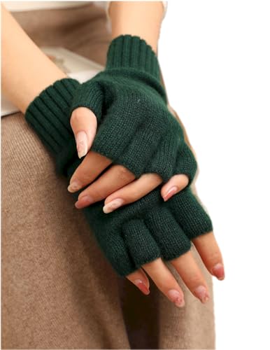 Prettystern Damen 100% Kaschmir-Wolle Halbfinger handschuhe ohne fingerkuppen fingerlose Pulswärmer Hand-stulpen Cashmere Dunkel-grün von Prettystern