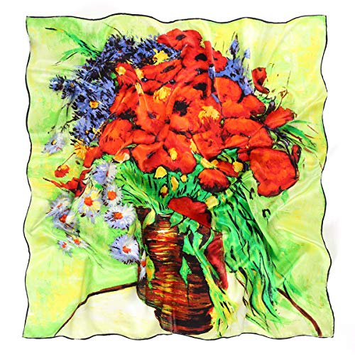 Prettystern Damen 90cm 100% Seide Satin Umschlag-Tuch bunt Kunst-Motiv van Gogh Vase mit Gänseblümchen und Mohnblumen P730 von Prettystern