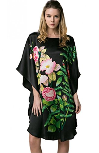 Prettystern Damen Seidennachthemd Handbemalt elegant Seide Schlafhemd, Kaftan oder Tunika-Kleid Nachtwäsche oder Sommerkleid YBS101 Schwarz von Prettystern