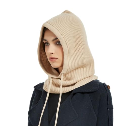 Prettystern Damen Herren 100% Kaschmir Kapuzen-Schal Loop Winter Mützen-Schal Sturmmütze Cashmere Balaklava Schlauch-Schal Beige von Prettystern