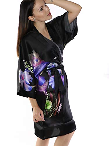 Prettystern Damen Knie-lang reine Seide Satin Seidenmantel Kimono Morgenmantel Nacht-kleid Jacke Silk Robe Blumen schwarz SK07 von Prettystern