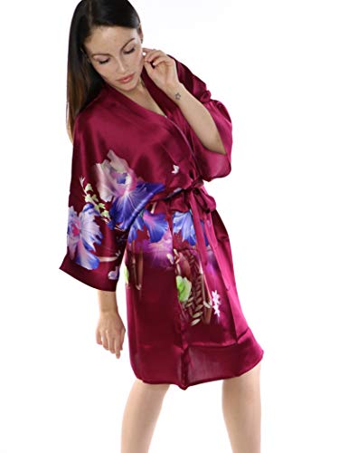 Prettystern Damen Knie-lang Reine Seide Satin Seidenmantel Kimono Morgenmantel Nacht-Kleid Jacke Silk Robe Blumen weinrot SK09 von Prettystern