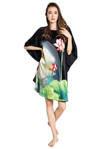 Prettystern Damen Seidennachthemd 100% Seide Nachthemd mit Kunstdruck Schlafkleid, Kaftan oder Tunika China Lotosblumen von Prettystern