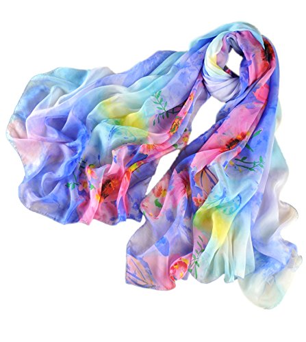 Prettystern Damen XXL Seiden-schal Strand-Tuch sarong Pareo bunt Sommer-Tuch bunt Floral Druck - Blau von Prettystern