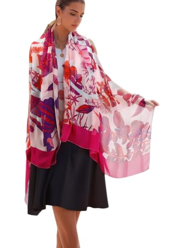Prettystern Damen XXL Seidenschal Stola Sommer-Tuch Seide Schal Strand Pareo Sarong Blumen Druck pink rosa Y24 von Prettystern