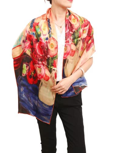 Prettystern Damen langer blau rot bunt 100% reine Crepe Satin Seide Schal 160cm Kunstdrucke Vase Blumen P729 von Prettystern