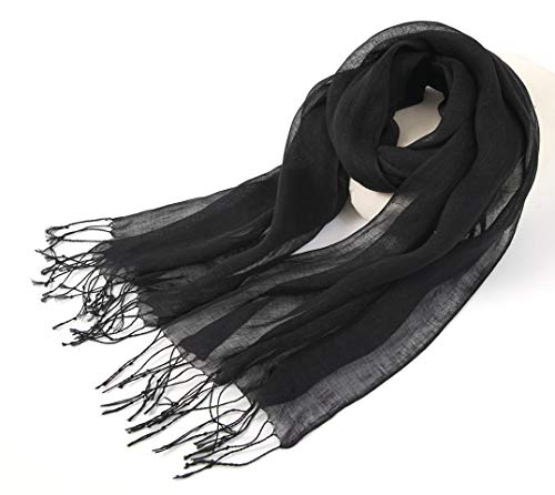 Prettystern Einfarbiger Damen Herren leicht Leinen Frühling Sommer lange Fransen Schal - T52 Schwarz von Prettystern