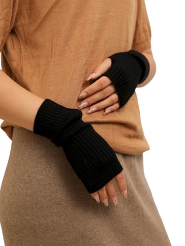 Prettystern Gerippte Damen 100% Kaschmir-Wolle Fingerlose Pulswärmer Hand-Stulpen Cashmere Halb-Handschuhe Schwarz von Prettystern