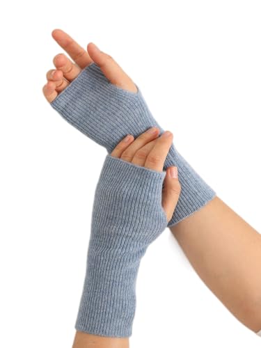 Prettystern Gerippte Damen 100% Kaschmir-Wolle Fingerlose Pulswärmer Frau handgelenk-wärmer Hand-Stulpen Cashmere Halb-Handschuhe hellblau von Prettystern