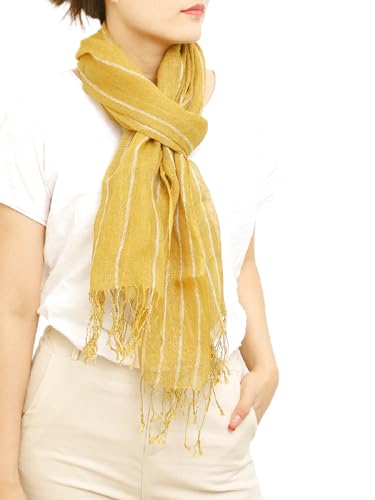 Prettystern Herren Damen unisex 2-farbige Streifen Lang Frühling Sommer-Schal Leinen-Tuch mit langer Fransen Gelb T109 von Prettystern