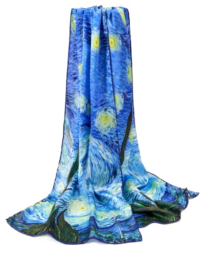 Prettystern Damen 160cm Handrolliert Seiden-schal mit Kunst-Motiv blau Van Gogh - Sternennacht (starry Night) - P117 von Prettystern