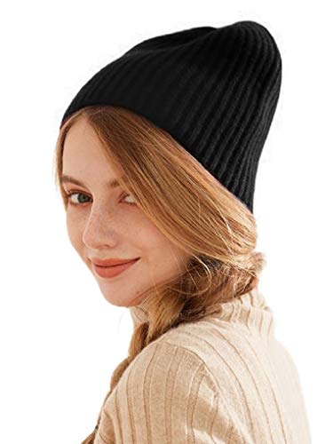 Prettystern RIPP-Strick Schwergewicht Damen Herren 100% Kaschmir-Wolle lässig Beanie Strick-Mütze Schwarz von Prettystern