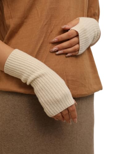 Prettystern Rippstrick Damen Kaschmir Fingerlose Pulswärmer handgelenk-wärmer Hand-Stulpen Cashmere Halb-Handschuhe Weiß Cremeweiß von Prettystern