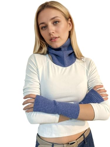 Prettystern Rippstrick Herren Damen Kaschmir Loop Kaschmirschal Cashmere Rollkragen Schlauch-Tuch Handschuhe Handstulpe Set Blau von Prettystern