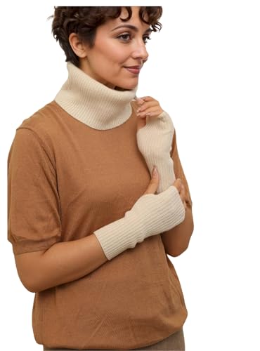 Prettystern Rippstrick Herren Damen Kaschmir Loop Kaschmirschal Cashmere Rollkragen Schlauch-Tuch Handschuhe Handstulpe Set Cremeweiß von Prettystern