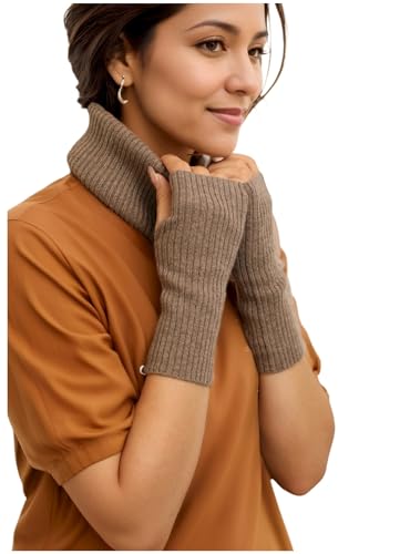 Prettystern Rippstrick Herren Damen Kaschmir Loop Kaschmirschal Cashmere Rollkragen Schlauch-Tuch Handschuhe Handstulpe Set Kamelbraun von Prettystern