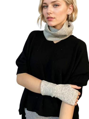 Prettystern Rippstrick Herren Damen Kaschmir Loop-Schal Cashmere Rollkragen Schlauch-Tuch Handschuhe Handstulpe Set Hellgrau von Prettystern