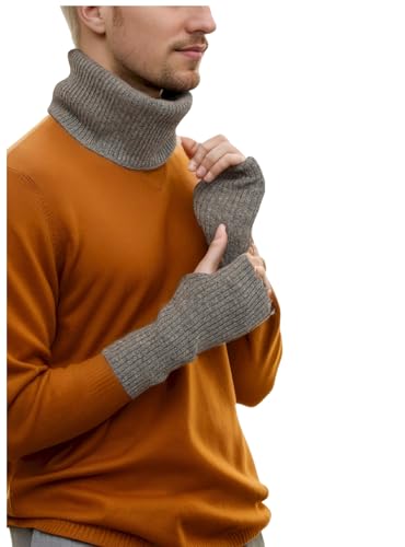 Prettystern Rippstrick Herren Damen Kaschmir Loop-Schal Cashmere Rollkragen Schlauch-Tuch Handschuhe Handstulpe Set Mittelgrau von Prettystern