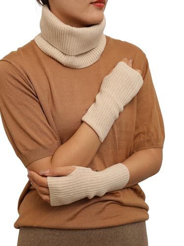 Prettystern Rippstrick Herren Damen Kaschmir Loop-Schal Cashmere Rollkragen Schlauch-Tuch Handschuhe Handstulpe Set Weißbeige von Prettystern