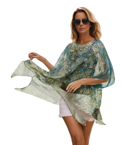 Prettystern Seide Damen Chiffon Strand-Bluse Sommer-Poncho XL Tunika Strand Überwurf Seidentunika Kimono-Bluse Van Gogh Peach im Blossom P14 von Prettystern