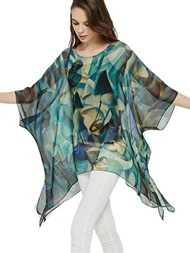 Prettystern Seide Damen Chiffon Strand-Bluse Sommer-Poncho XL Tunika Strand Überwurf Seidentunika Kimono-Bluse abstrakte Kunst blau P15 von Prettystern