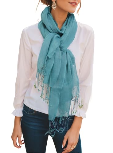 Prettystern Unifarbe Damen Herren 100% Leinen Frühling Sommer-Schal mit Fransen - T16 Pastellblau-grün von Prettystern