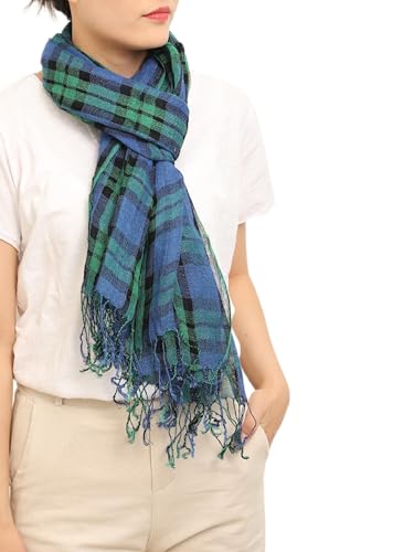Prettystern XL Herren Damen Lang Frühling Sommer-Schal Leinen-Tuch mit langer Fransen grün blau Karo T114 von Prettystern