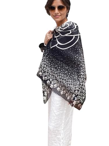 Prettystern XL extra groß 108cm Seidentuch gewebt Xili Seide Sommer Sonnenschutz luftig Stola Überwurf Schwarz Floral Blumen LI03 von Prettystern