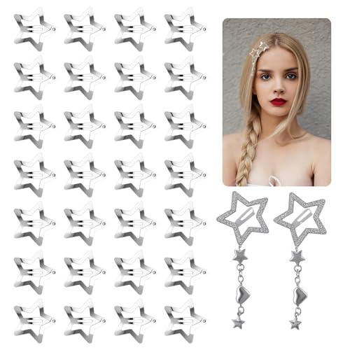 30 x Stern-Haarspangen, 28 x 3,1 cm und 2 x Y2K-Haarspangen, silberfarbene Metall-Clips, Stern-Haarspangen für Damen 30 x Stern-Haarspangen, 28 x 3,1 cm und 2 x Y2K-Haarspangen, silberfarbene Metall-Clips, Stern-Haarspangen für Damen von Pretwad