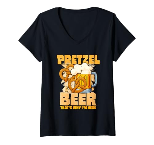 Damen Brezel and Beer Thats Why I Am Here T-Shirt mit V-Ausschnitt von Pretzel Costume German