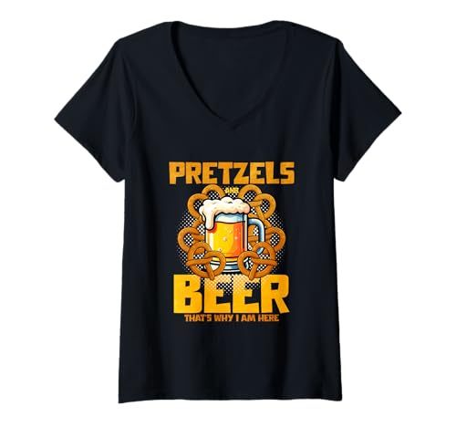 Damen Brezel and Beer Thats Why I Am Here T-Shirt mit V-Ausschnitt von Pretzel Costume German