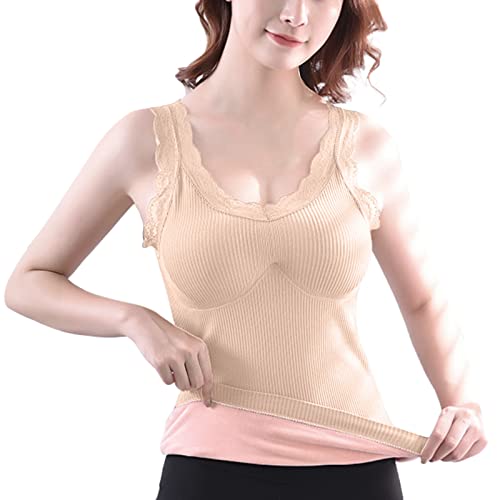 Damen Warme Unterhemd Thermotop mit Herausnehmbare BH-Einlagen Innenfleece Ärmellos Oberteil Elegantes Slim Fit Elastische Thermoshirts Teenager-Mädchen (Beige, Einheitsgröße für Gewicht 45-65 kg) von Prevently