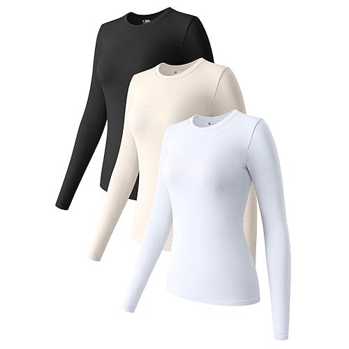 Langarmshirt Damen 3er Pack, Basic Shirt Damen Langarm Basic Tops Oberteile Slim Fit Rundhalsausschnitt von Prevently