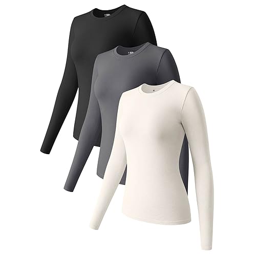 Langarmshirt Damen 3er Pack, Basic Shirt Damen Langarm Basic Tops Oberteile Slim Fit Rundhalsausschnitt von Prevently