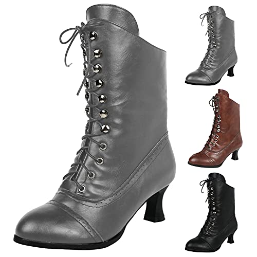 Prevently Damen Vintage Viktorianische Stiefel Schnüren Hexenstiefel Retro Bequeme Mandelzehe Hochzeit Brautstiefel von Prevently