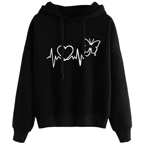 Prevently EKG-Muster Hoodie Teenager Mädchen Pullover Kapuze-Sweatshirt Damen (Schwarz (Liebe Schmetterling), M) von Prevently