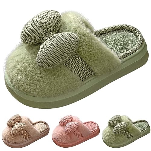 Prevently Flaumig Winter Hausschuhe Damen Plüsch Niedliche Schleife Dekoration Weiche Dicke Sohle Pantoffeln Teenager Mädchen Bequeme Slippers (Grün, 41) von Prevently