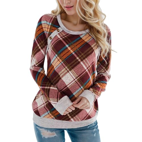 Prevently Kariertes Pulli Damen Bluse Sweatshirt Lässig Pullover Langarm Top Herbst Winter Oberteile (Braun, XXL) von Prevently