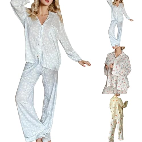Pyjama Set Damen Schlafanzug Obst Blumen-Muster 2-Teilig Nachthemd Bequeme Hautfreundlich Nightwear Homewear (Blau, M) von Prevently