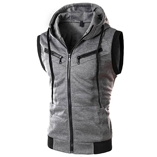 Previn Herren Ärmelloser Hoodie Casual Slim Fit Reißverschluss Kordelzug Einfarbig Tank Top Kapuzenwesten - Grau - Large von Previn