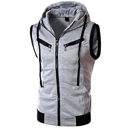 Previn Herren Ärmelloser Hoodie Casual Slim Fit Reißverschluss Kordelzug Einfarbig Tank Top Kapuzenwesten, GRAU, Large von Previn