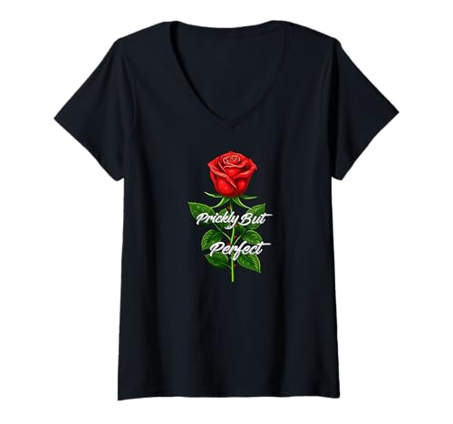 Damen Prickly But Perfect Red Rose Floral Humor Design T-Shirt mit V-Ausschnitt von Prickly Bloom Apparel